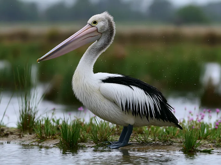 Australian pelican standing at the edge of a coastal lagoon among grasses and pink flowers.