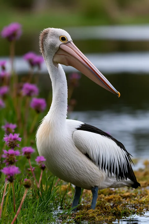 Australian pelican standing beside a coastal lagoon among grasses and purple flowers.