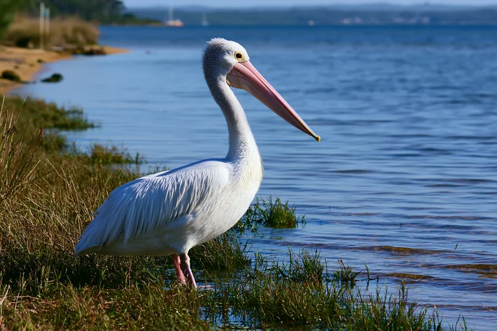 Australian pelican standing in grassy vegetation beside a blue coastal lagoon