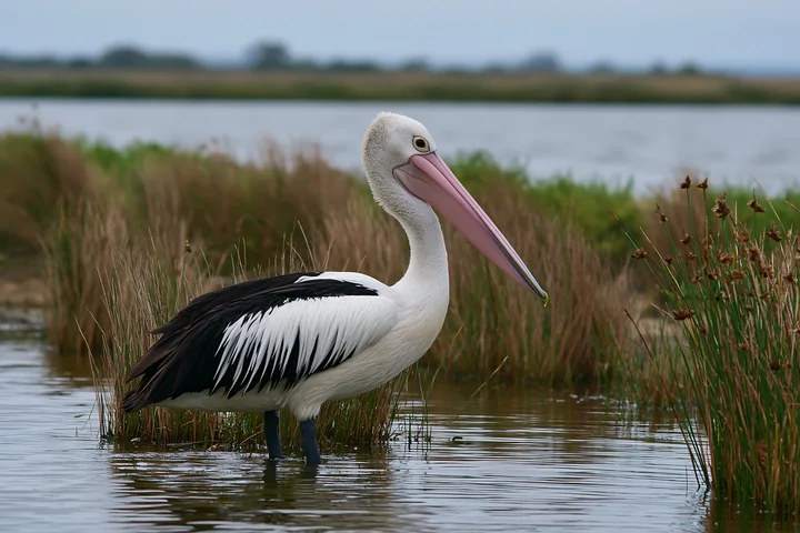 Australian pelican standing in shallow coastal lagoon water among reeds
