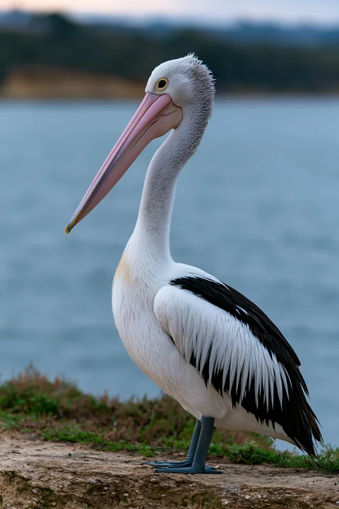 Australian pelican standing on a rocky shore beside calm coastal lagoon water.