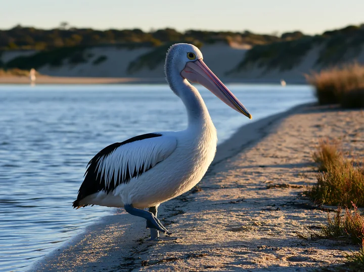 Australian pelican standing on a sandy shore beside a coastal lagoon with dunes in the background.