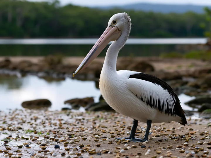 Australian pelican standing on a shell-covered shore beside a calm coastal lagoon.