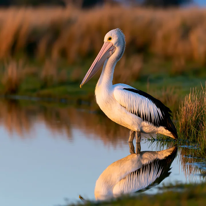 Australian pelican stands beside a calm coastal lagoon with reeds and a clear reflection.