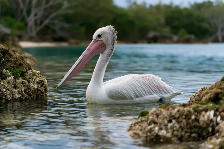 Australian pelican swimming in a coastal lagoon between shell-covered rocky banks.