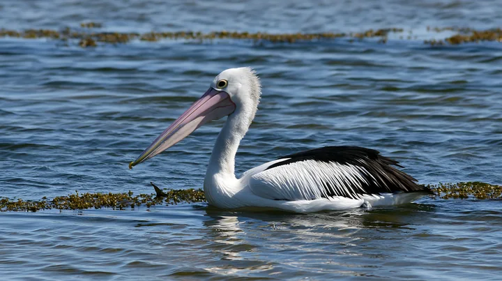 Australian pelican swimming through blue coastal lagoon water beside floating seaweed.