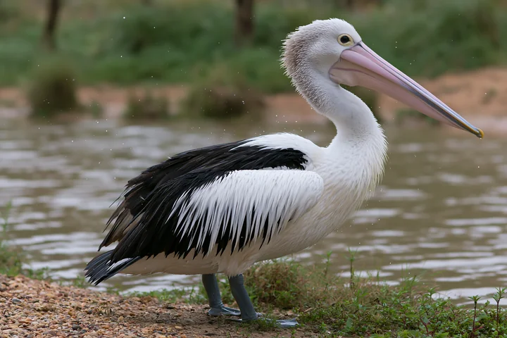 Australian pelican with wet feathers stands at the edge of a coastal lagoon.