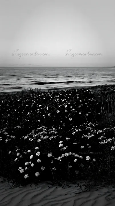 A flower meadow grows by the beach with various blooms in black and white. The ocean waves stretch out in the background under the fading light of dusk.