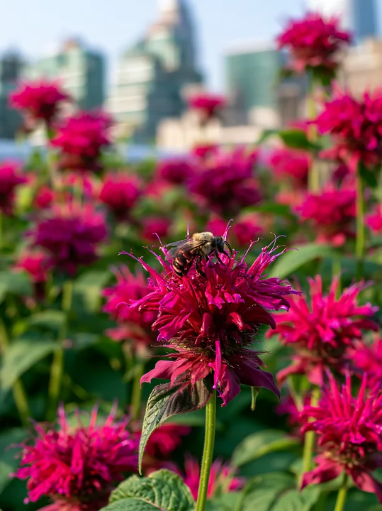 Bees gather on colorful monarda flowers in a city garden, showcasing the interaction between pollinators and blooming plants in bright sunlight.