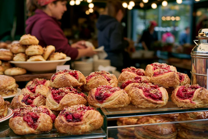 Berry-filled pastries and bread arranged in a glass bakery display with softly blurred customers behind them.