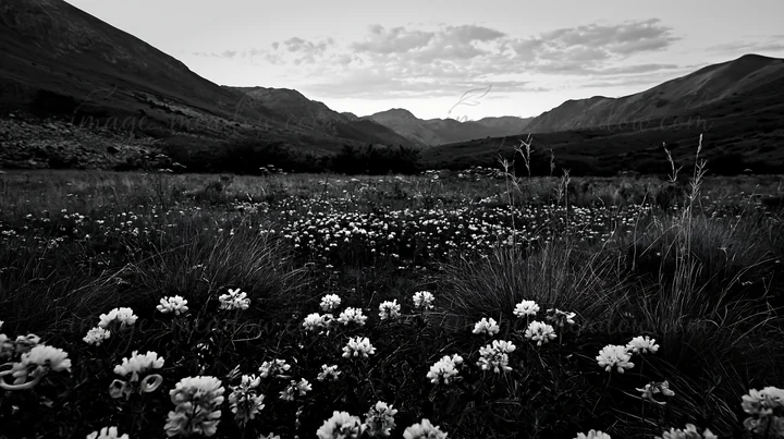 A meadow is covered with various wildflowers. Mountains rise in the background under a cloudy sky. The scene shows the diverse plant life stretching across the
