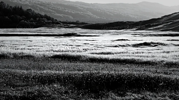 Morning dew covers the silver grass meadow in Nagano. The landscape features rolling hills and a variety of plant life. This scene captures the beauty of the me