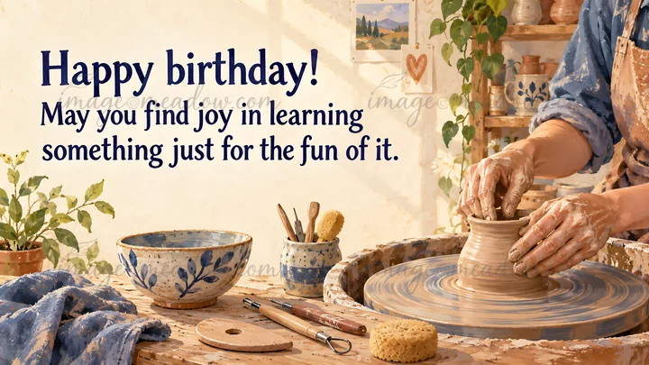 A warm, painterly birthday greeting pairs the message “Happy birthday! May you find joy in learning something just for the fun of it.” with a potter shaping a c
