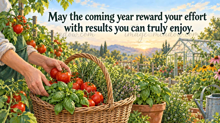 A painterly birthday greeting reads “May the coming year reward your effort with results you can truly enjoy.” Hands gather ripe tomatoes into a wicker basket a