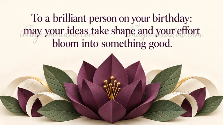 Birthday greeting illustration with an encouraging message above a sculptural plum-purple flower, green leaves, and gold accents on a warm cream background.