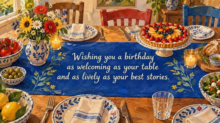Painterly birthday greeting with the message “Wishing you a birthday as welcoming as your table and as lively as your best stories” on a blue tablecloth surroun
