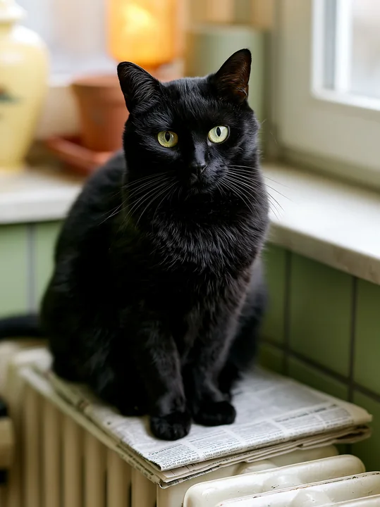 Black cat sits on folded newspapers atop a radiator beside a bright indoor window.