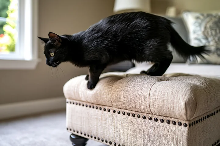 Black cat walking across a beige ottoman indoors beside a bright window.