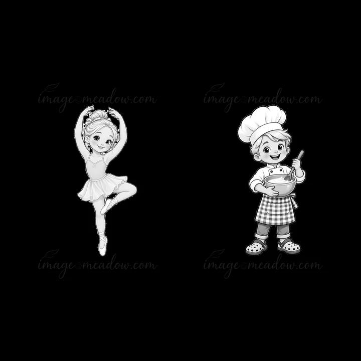 A pair of cartoon stickers featuring a blond child ballerina in a dance pose on one side and a blond child chef mixing in a bowl on the other side. Both are in