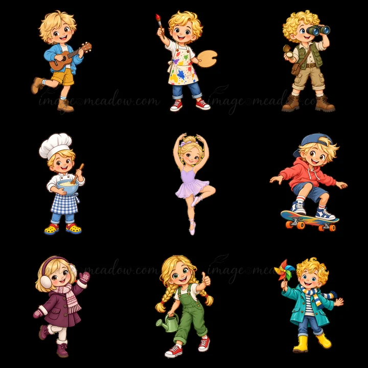 Nine cartoon stickers feature blond children. Activities include playing guitar, painting, exploring with binoculars, cooking, dancing, skateboarding, and more.
