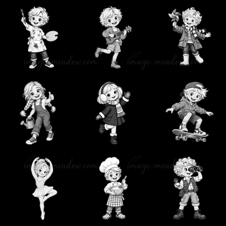 Nine cartoon stickers show a blond child engaged in various fun activities. Each character displays a different hobby, including painting, playing music, and co