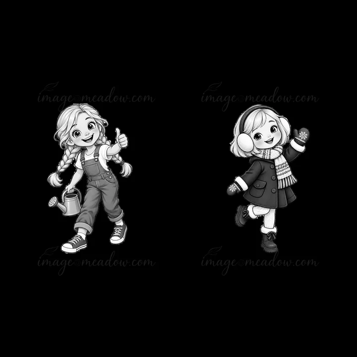 Two cartoon characters are illustrated in black-and-white. One child holds a watering can and gives a thumbs up, while the other waves and wears earmuffs and gl