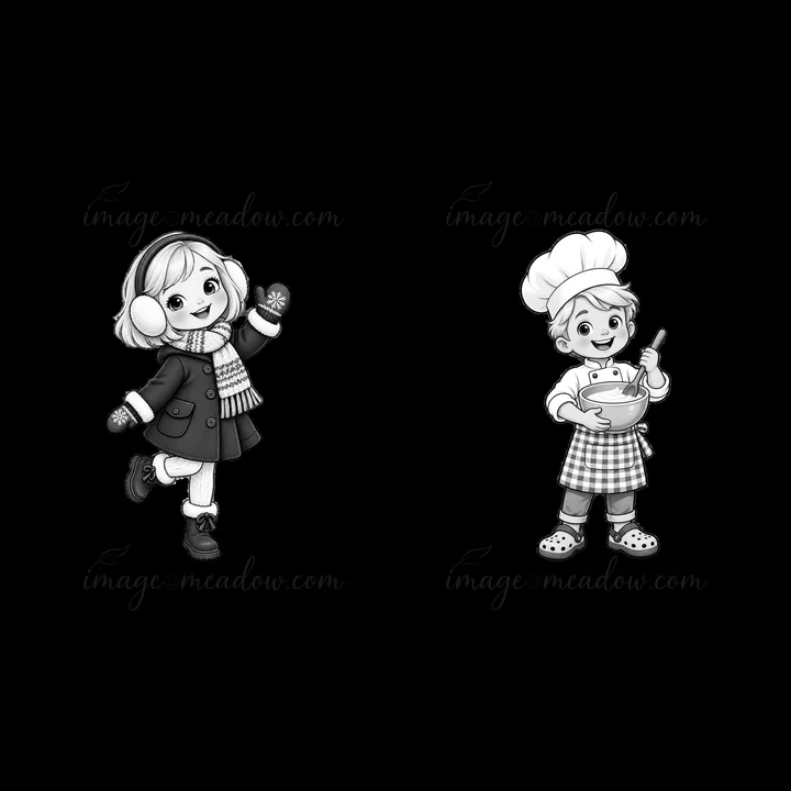 A girl wears earmuffs and a coat, holding a heart-shaped cookie. A boy in a chef hat mixes ingredients in a bowl while wearing a cooking apron. They display joy