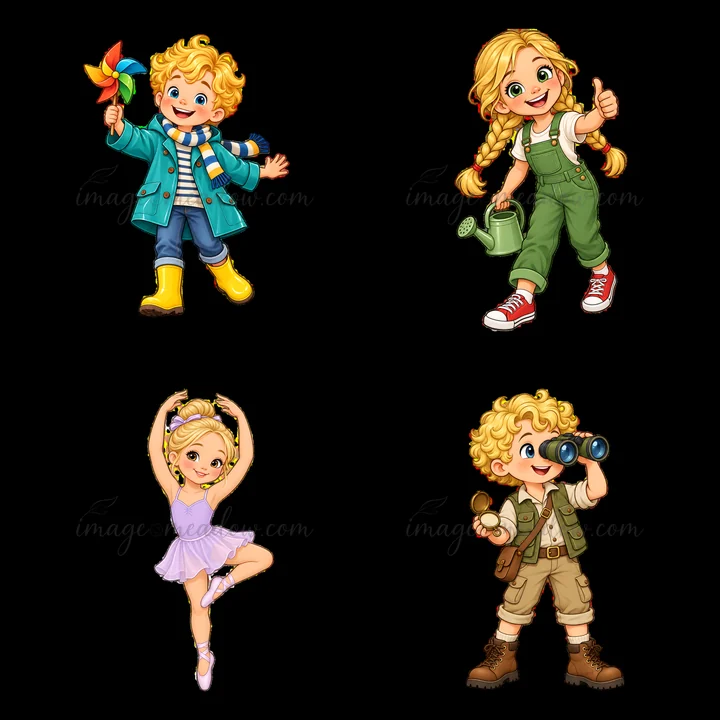 A blond child engages in four playful activities showcasing different outfits. The child holds a windmill, waters plants, dances ballet, and looks through binoc