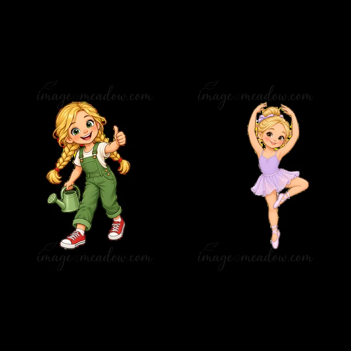 A blond child in green overalls waters plants with a watering can. Next to her, another blond child in a pink ballet tutu dances gracefully. Both characters are