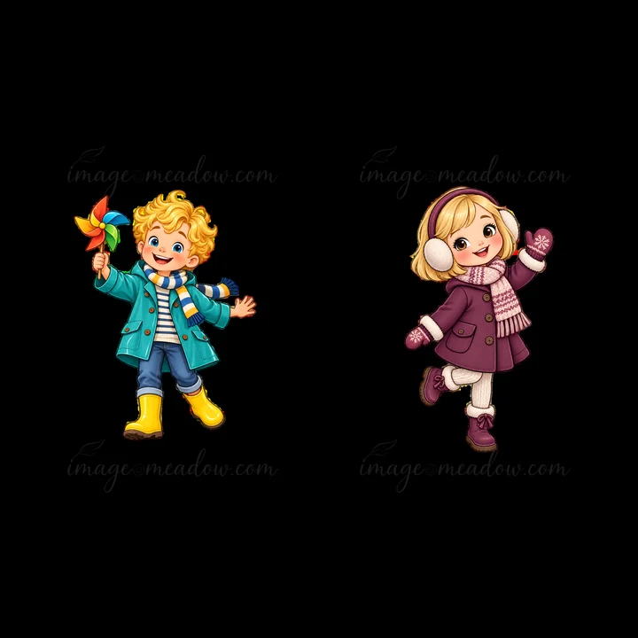 A blond boy holds a colorful pinwheel while wearing a blue jacket and yellow boots. A girl in purple coat and earmuffs plays next to him. They are both joyful a