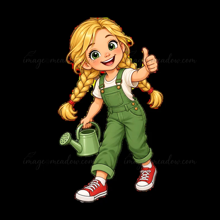A happy blond child with braided hair walks in green overalls. She holds a green watering can in one hand and gives a thumbs-up with the other. She wears red sh