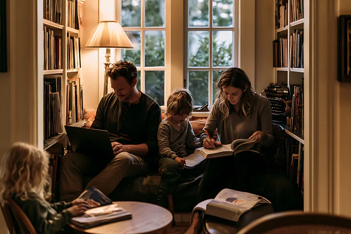 Blonde parents sit at home working on laptops while their children study in a cozy library setting.