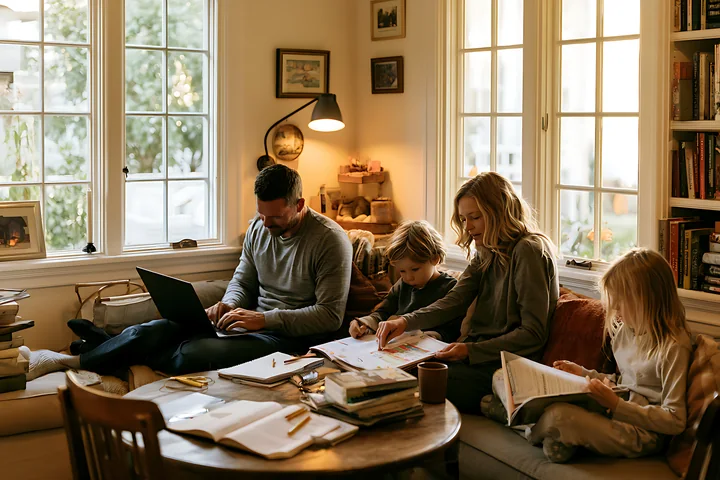 Blonde parents work on a laptop while two children study with books and papers in a bright home.