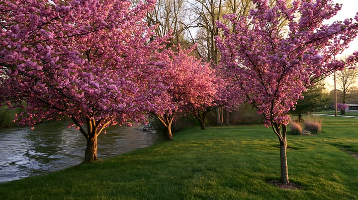 Blooming trees after a spring storm stand along a riverbank as sunlight filters through branches, reflecting off the water's surface.