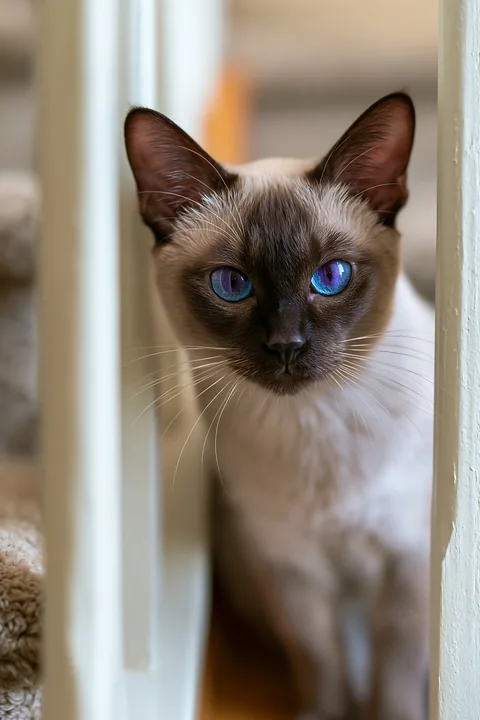 Blue-eyed Tonkinese cat looks directly at the camera from an interior doorway.