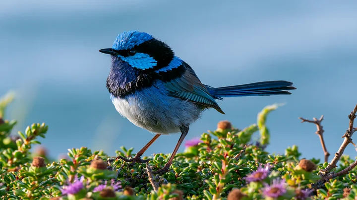 Blue fairy wren perched on a flowering native shrub with a softly blurred blue background.