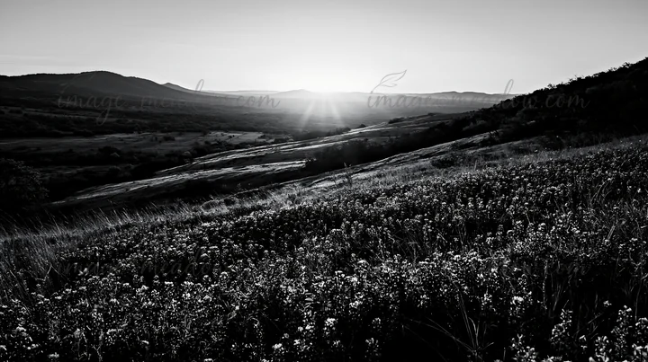 Sun rises over a Texas meadow filled with bluebonnets. The landscape shows rolling hills and fields, capturing the morning light and floral colors. A peaceful m