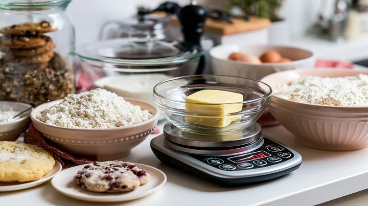 Bowls of flour, butter, eggs, and cookies arranged with a digital scale on a kitchen counter.