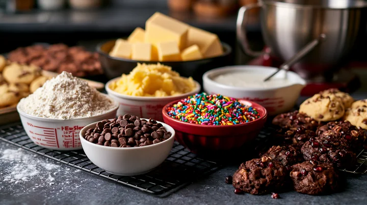 Bowls of holiday baking ingredients, colorful sprinkles, and chocolate cookies arranged on a kitchen counter.