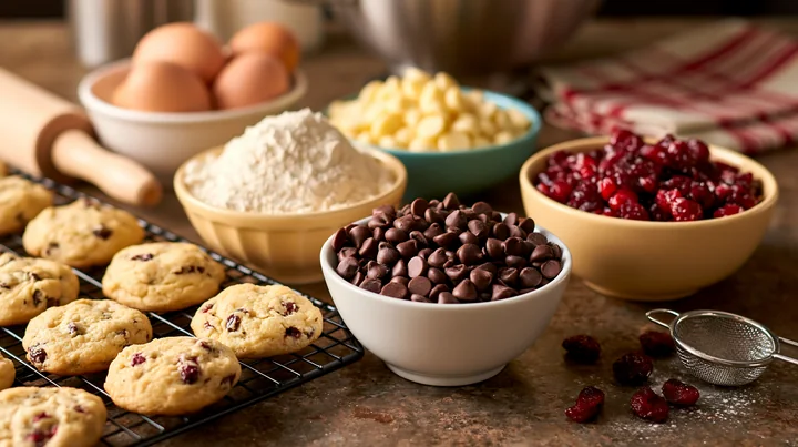 Bowls of holiday baking ingredients sit on a counter beside cranberry chocolate chip cookies.