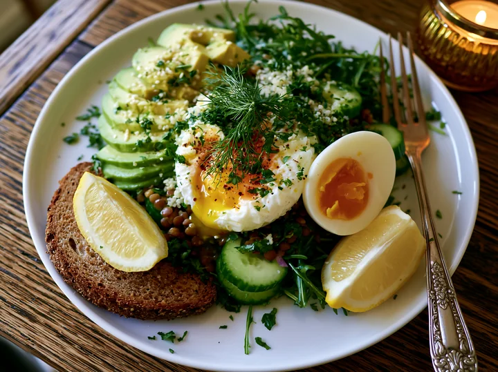 Breakfast plate with avocado, eggs, greens, lemon wedges, cucumber, lentils, herbs, and toast on a wooden table.