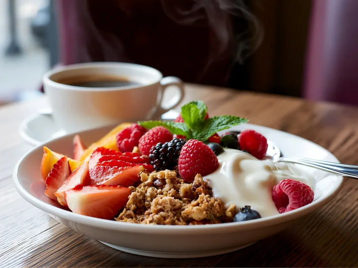Breakfast plate with muesli includes fresh fruits like strawberries, raspberries, and blackberries alongside yogurt.