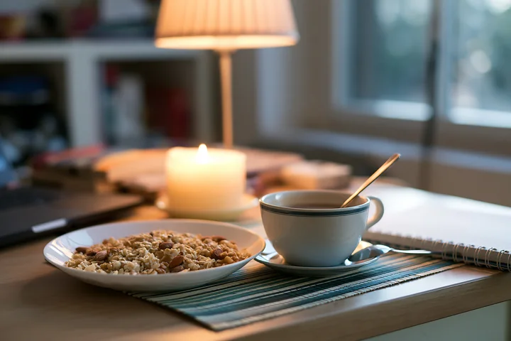 Breakfast plate with muesli sits beside a cup of coffee on a wooden table.