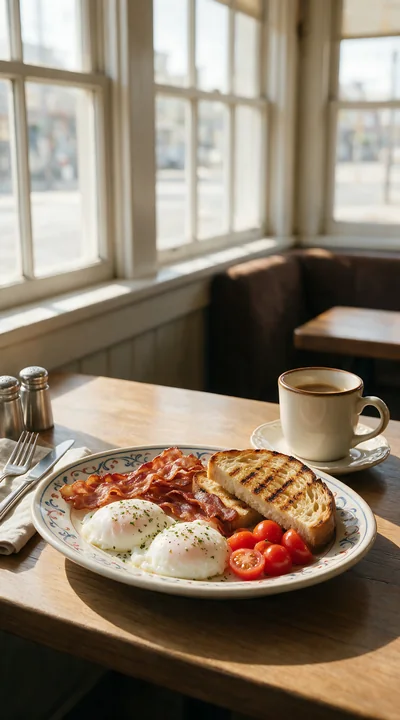 Breakfast plate with poached eggs, bacon, grilled toast, and tomatoes beside coffee on a sunlit café table.