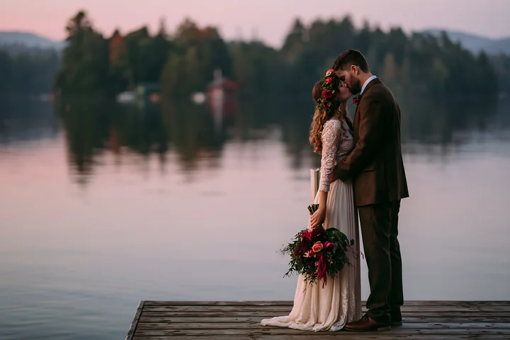 Bride and groom kiss on a wooden dock in front of a lake at sunset.