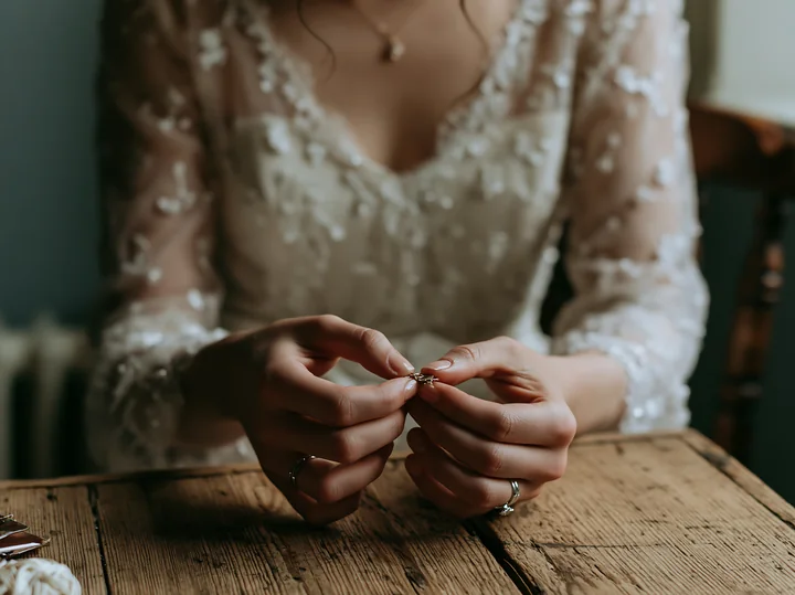 Bride in a detailed white wedding dress fastens a ring at a rustic wooden table.