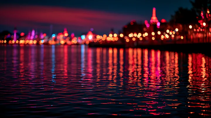 Bright city lights illuminate the waterfront as they reflect in the calm water.