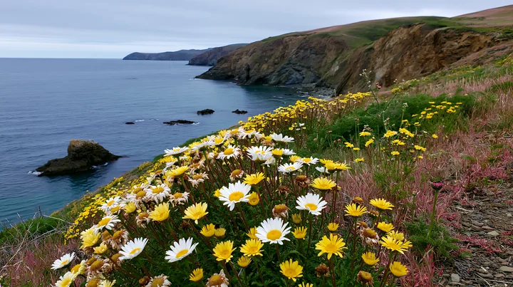 Bright flowers grow along a cliff edge overlooking a blue ocean.