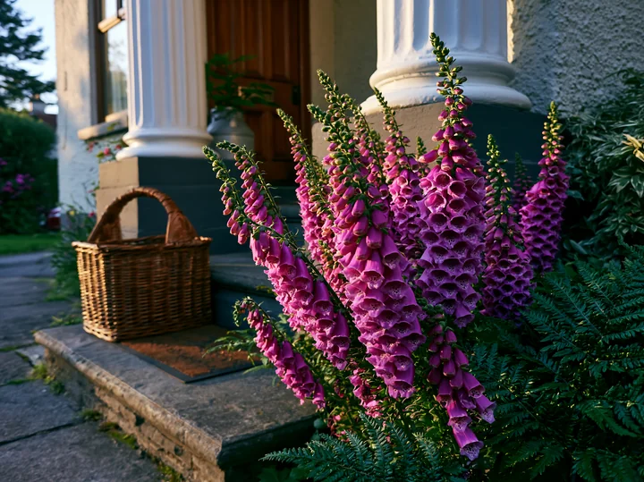 Bright foxglove flowers grow near the entrance of a cozy cottage.