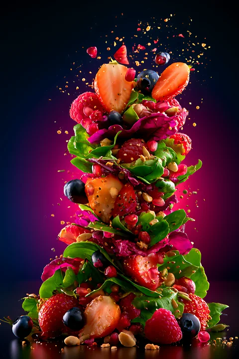 Bright fruits and greens are arranged in an artful tower with berries and nuts scattered around, creating a vibrant and fresh display.